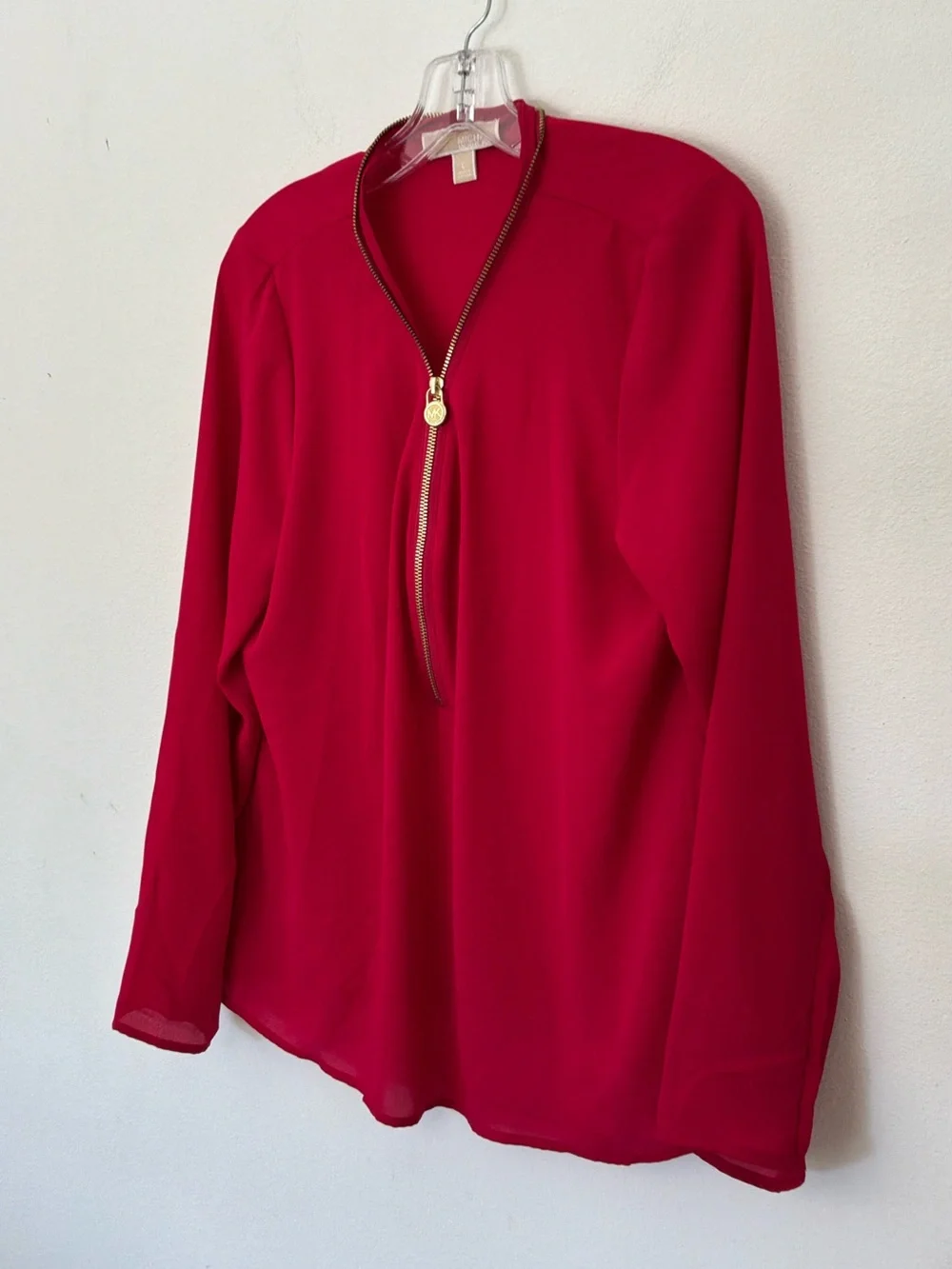 Michael Michael Kors Women’s Large Red Gold Zip Long Sleeve Blouse Top